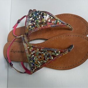 Zigi Soho Multicolor Jeweled T-Strap Sandals - Tan Footbed